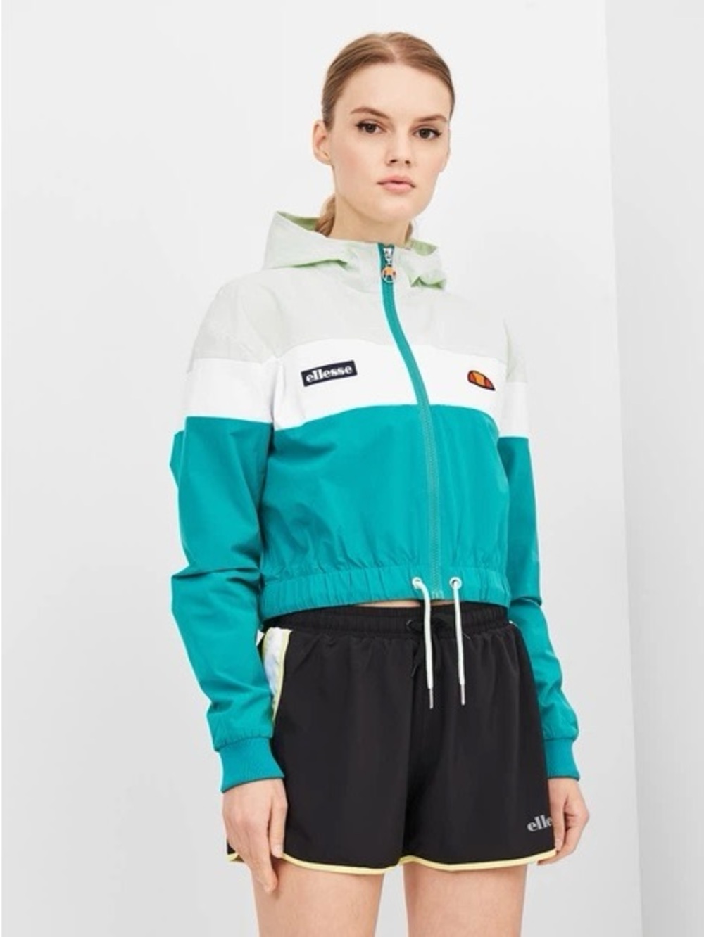 Ellesse Sambry Crop track jacket Teal & White Hooded Windbreaker tennis S